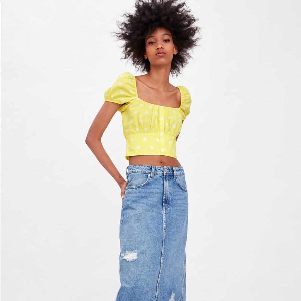 Zara polka dot poplin top yellow